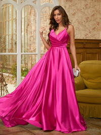 Sleeveless A-line elastic woven satin prom dress with sweep brush train