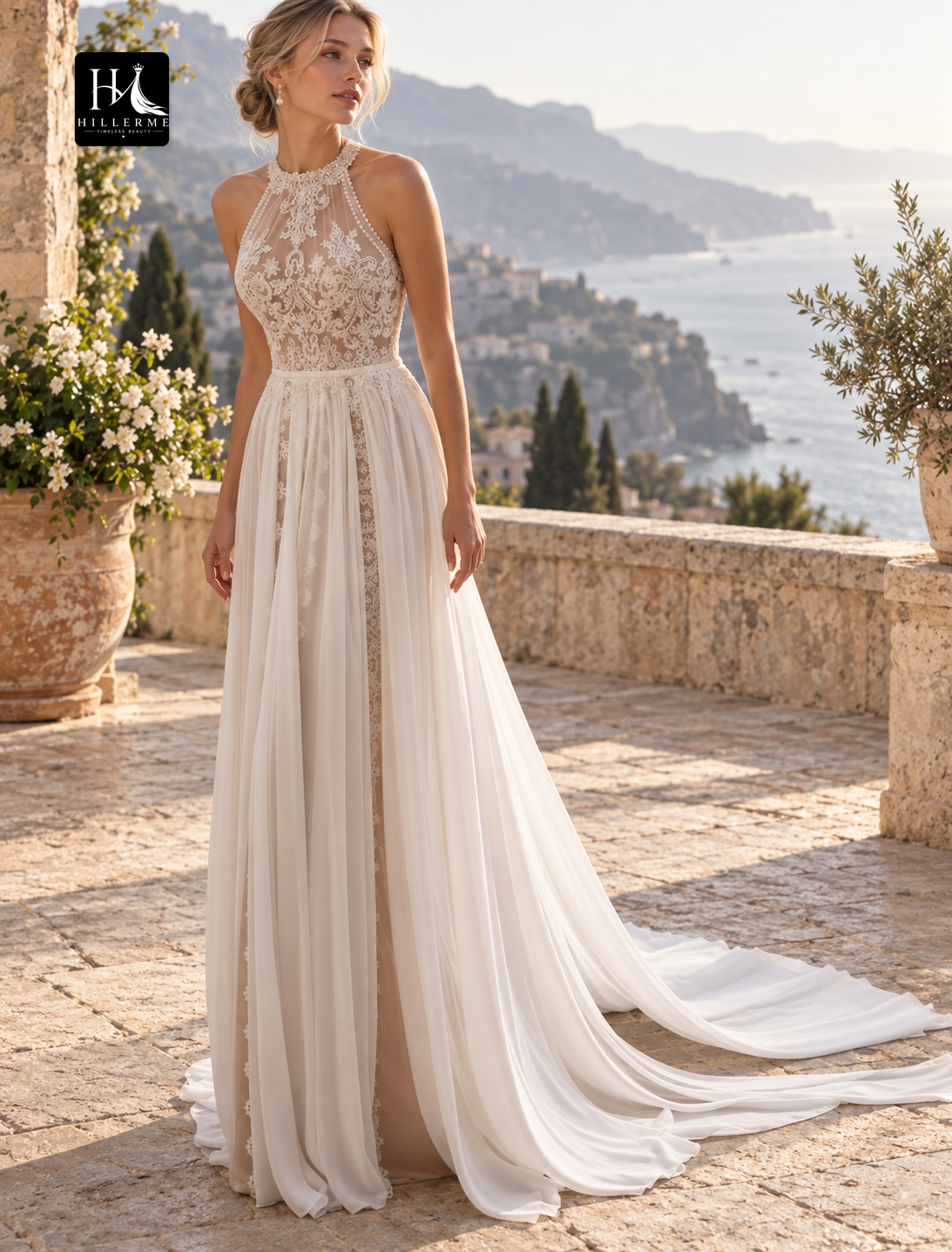 A-Line Halter Sleeveless Chiffon Beach Wedding Dress with Embroidery