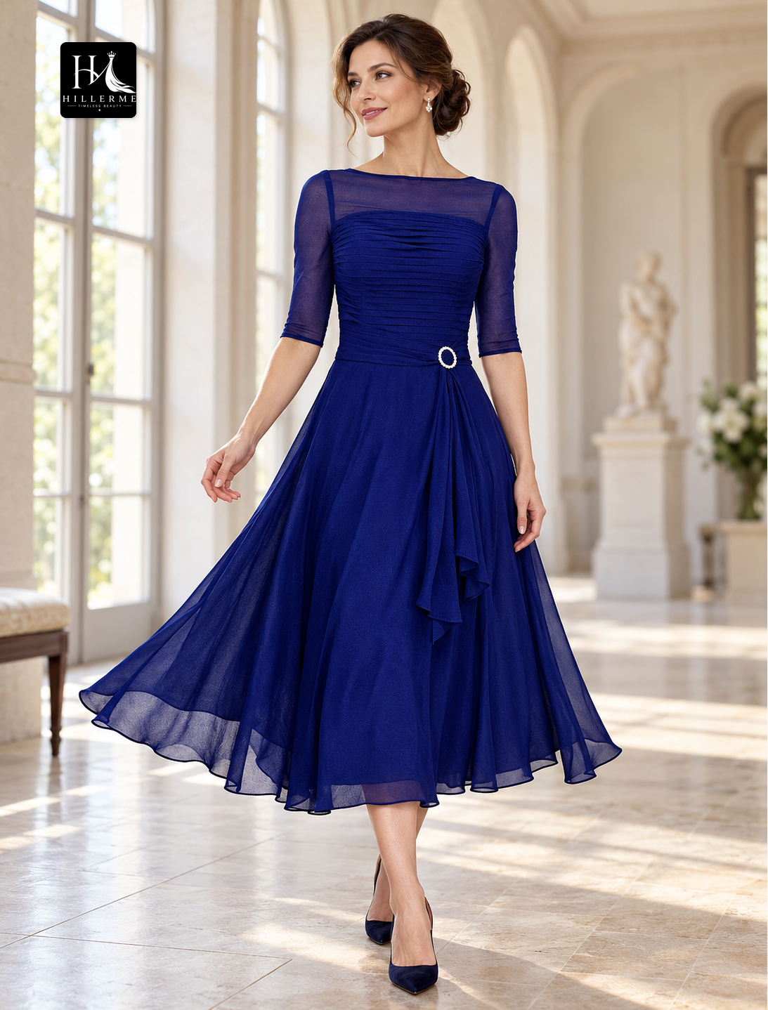 A-Line Bateau Neck Tea-Length Chiffon Mother of the Bride Dress with Ruched Half Sleeves