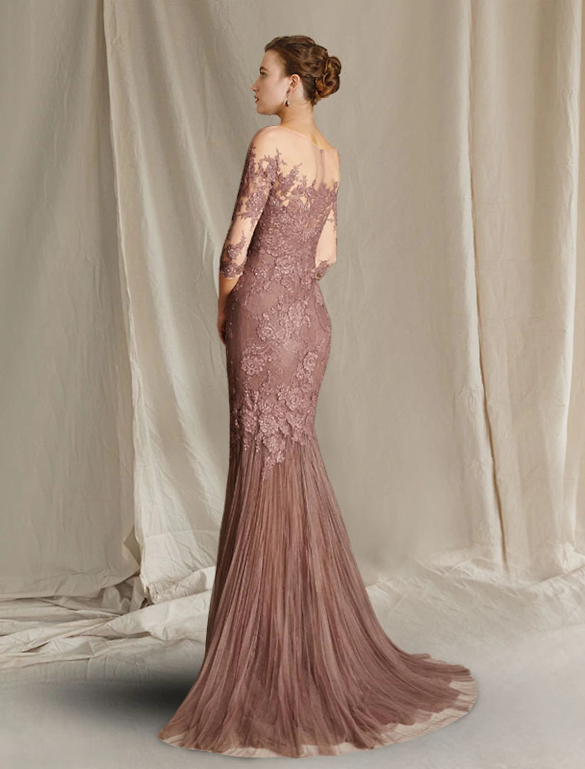 Dusty Rose lace and tulle mermaid formal dress with appliques and sweep brush train