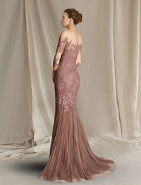 Dusty Rose lace and tulle mermaid formal dress with appliques and sweep brush train