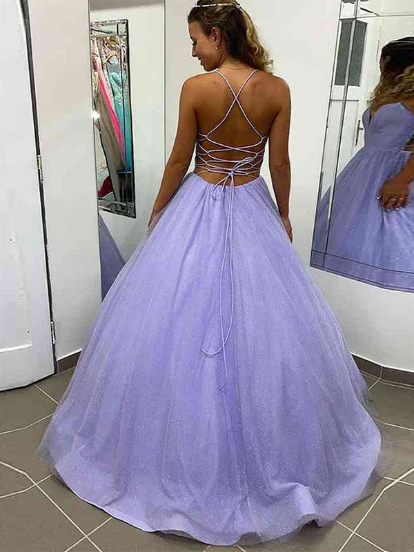 A-line ruffles spaghetti straps prom dress in lilac with sweep brush train