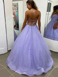 A-line ruffles spaghetti straps prom dress in lilac with sweep brush train