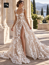 A-Line Sweetheart Lace Wedding Dress with Regular Straps, Appliques, Split Front and Court Train