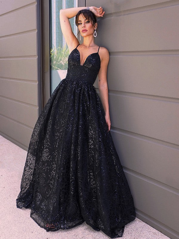A-line sleeveless V-neck lace and sequin prom dress with sweep brush train