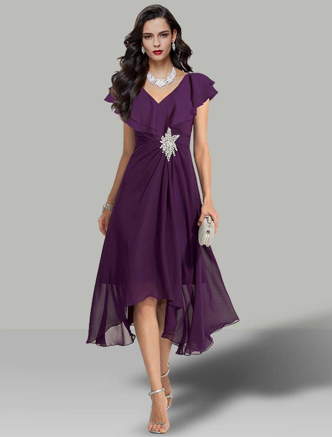 A-line tea-length chiffon wedding guest dress with V-neck, short sleeves, and rhinestone accents in Grape