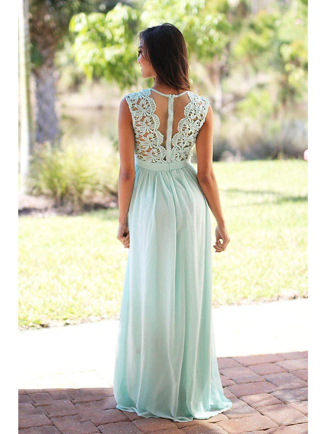 Elegant floor-length A-line chiffon and lace bridesmaid dress with jewel neck, pleats, and sash