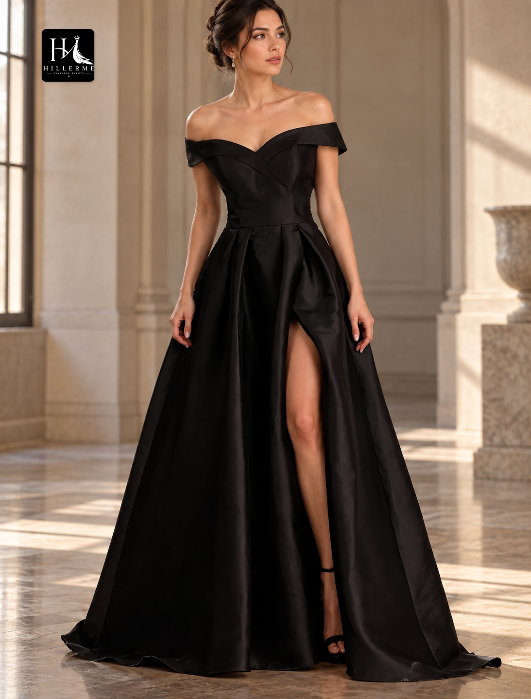 Off-the-Shoulder A-Line Satin Wedding Dress with Pleats and Split Front