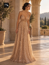 A-Line Paillette Tulle V-Neck Floor-Length Prom Dress