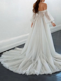 Vintage off-shoulder long sleeve A-line chiffon bridal gown with ruched bodice and court train in white