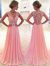 A-line sleeveless chiffon and lace prom dress with V-neck and sweep train