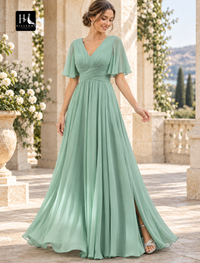 A-Line V-Neck Short Sleeve Chiffon Bridesmaid Dress with Front Split and Ruching