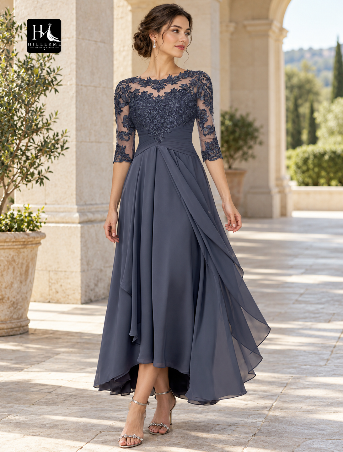 A-Line Jewel Neck Asymmetrical Tea-Length Chiffon Lace Mother of the Bride Dress