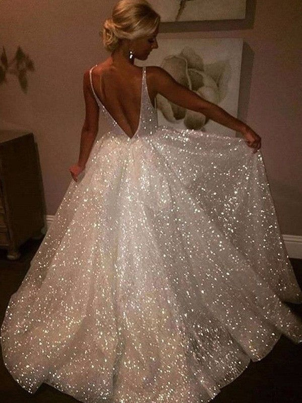 A-Line sleeveless V-neck prom dress with sweep train