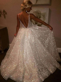 A-Line sleeveless V-neck prom dress with sweep train
