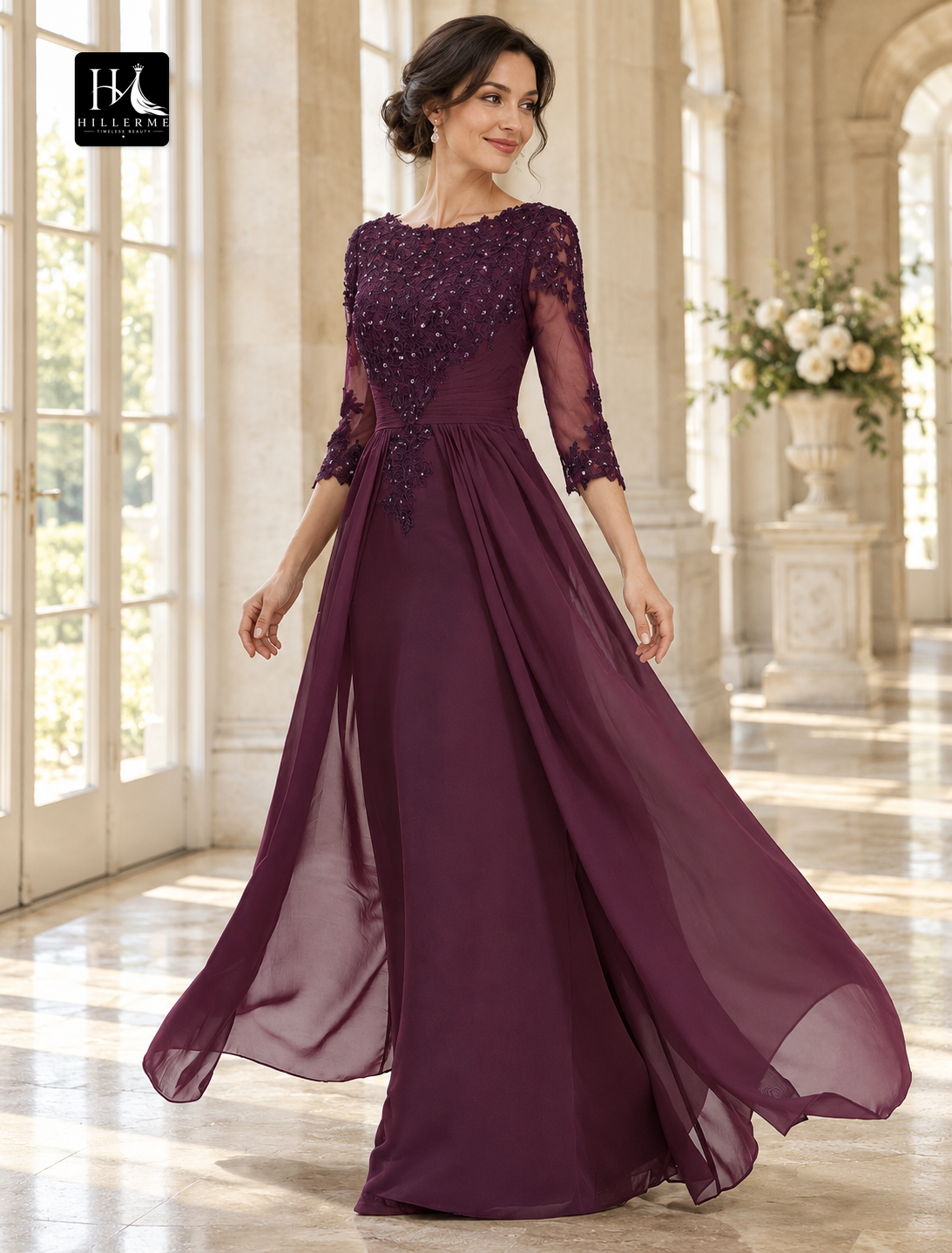 A-Line Jewel Neck Chiffon and Lace Mother of the Bride Dress with 3/4 Sleeves
