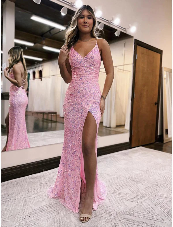 Candy Pink sleeveless V-neck sequined mermaid prom dress with sweep train