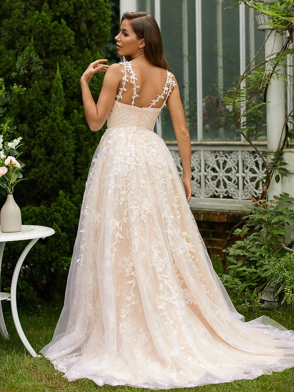 A-line V-neck sleeveless lace and tulle prom dress