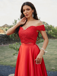 Full-length view of two-piece A-line prom dress in silk-like satin with off-the-shoulder top