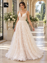 A-Line V-Neck Sleeveless Lace and Tulle Prom Dress with Sweep Train