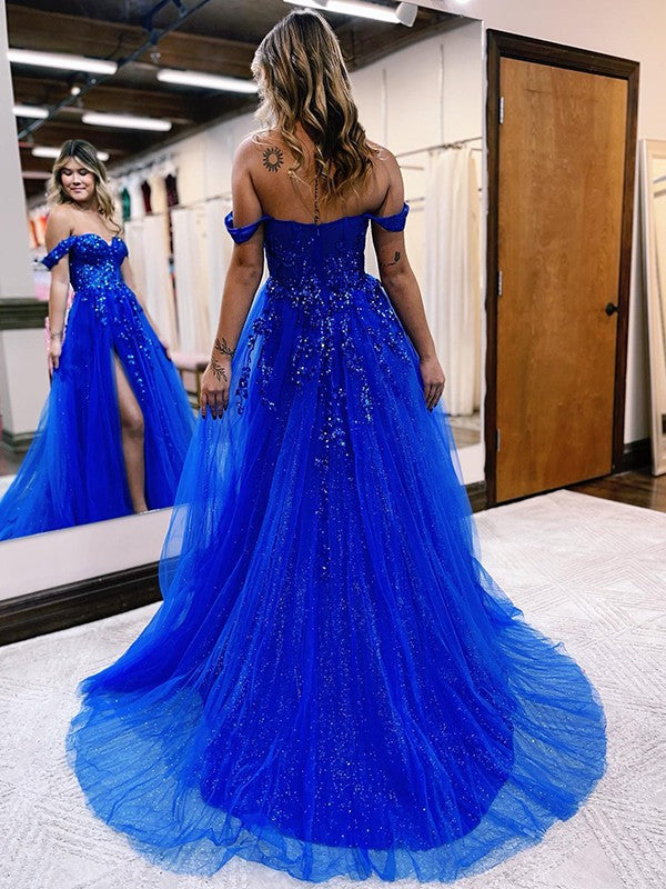 A-line off-the-shoulder tulle prom dress with applique and sweep train in Royal Blue