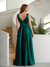 Peacock elastic woven satin A-line sleeveless ruched V-neck floor-length prom dress