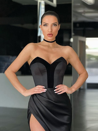 Sleeveless ruched charmeuse column prom dress with sweep brush train