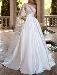 Ivory satin ball gown wedding dress with off-the-shoulder V-neckline and pleats