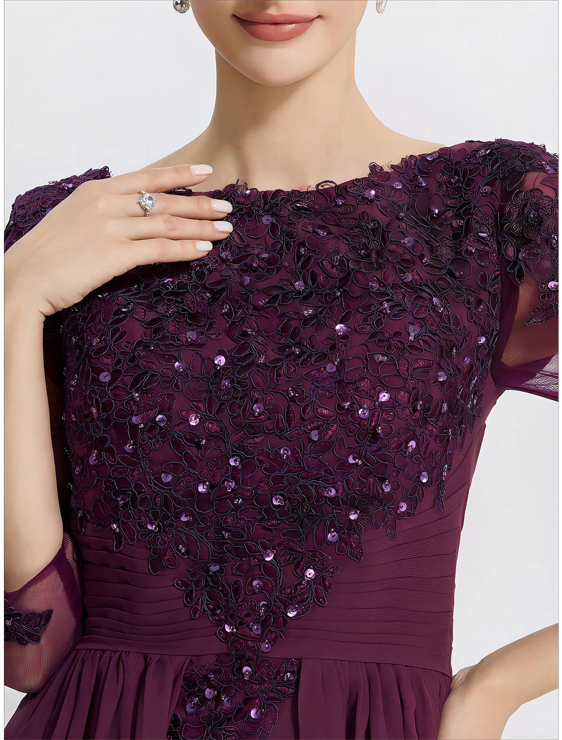 Elegant jewel neck A-line chiffon and lace gown in grape