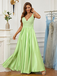 Floor-length sleeveless V-neck dress in elastic woven satin and lace