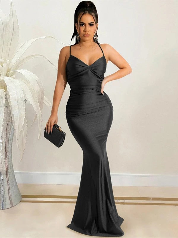 Ruched elastic woven satin sheath prom dress with V-neckline and sweep train