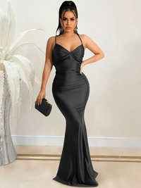 Ruched elastic woven satin sheath prom dress with V-neckline and sweep train