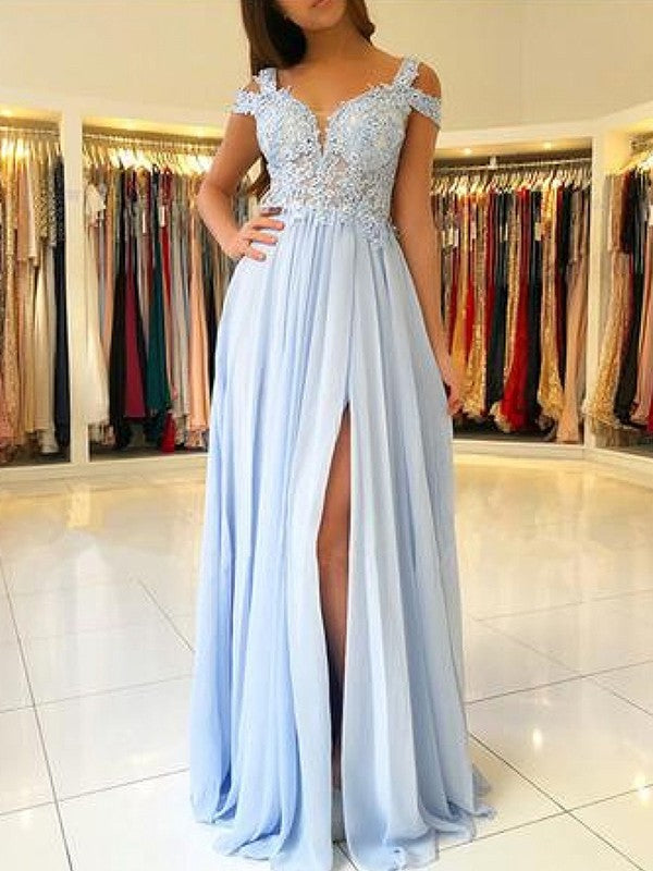 Sky Blue sleeveless off-the-shoulder floor-length A-line applique chiffon prom dress