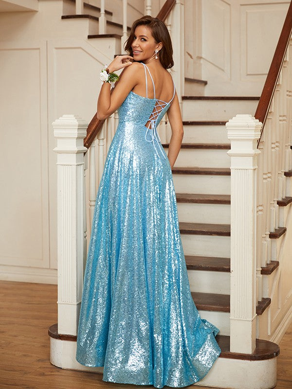 Sequined A-line prom dress with delicate spaghetti straps and ruffles