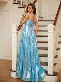 Sequined A-line prom dress with delicate spaghetti straps and ruffles