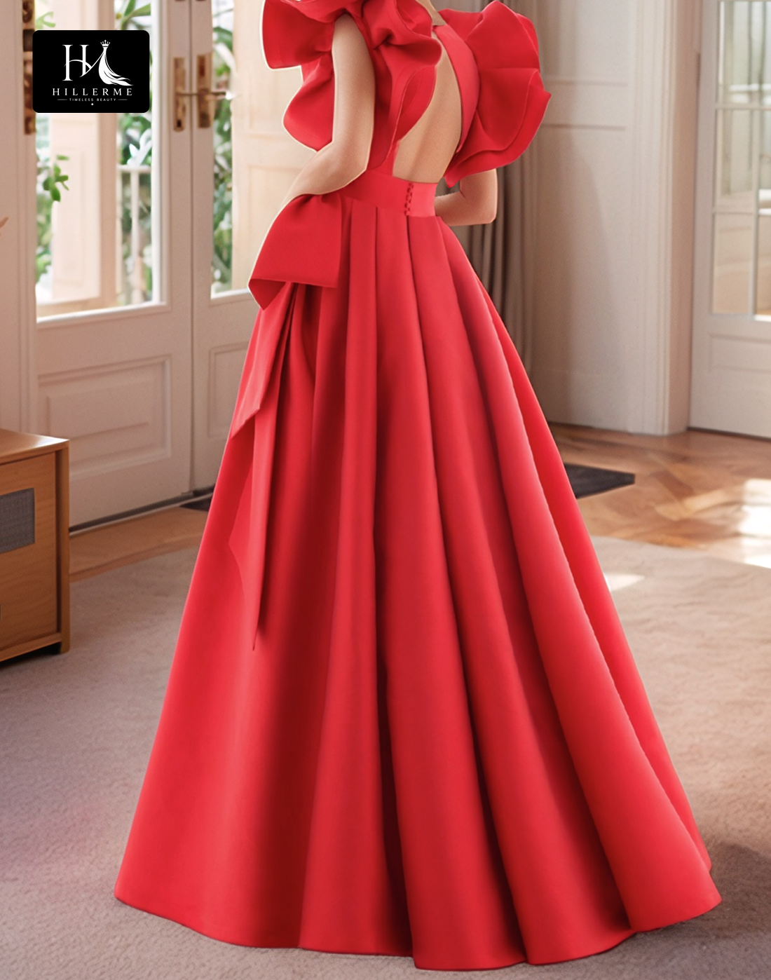 A-Line Floor-Length Mother of the Bride Gown with Deep V-Neck, Ruffled Straps, and Pleated Satin