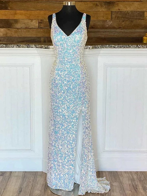 White sleeveless V-neck velvet sequin sheath prom dress with sweep train