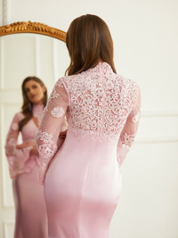 Silk-like satin and lace sheath prom dress with high neck, long sleeves, and brush train