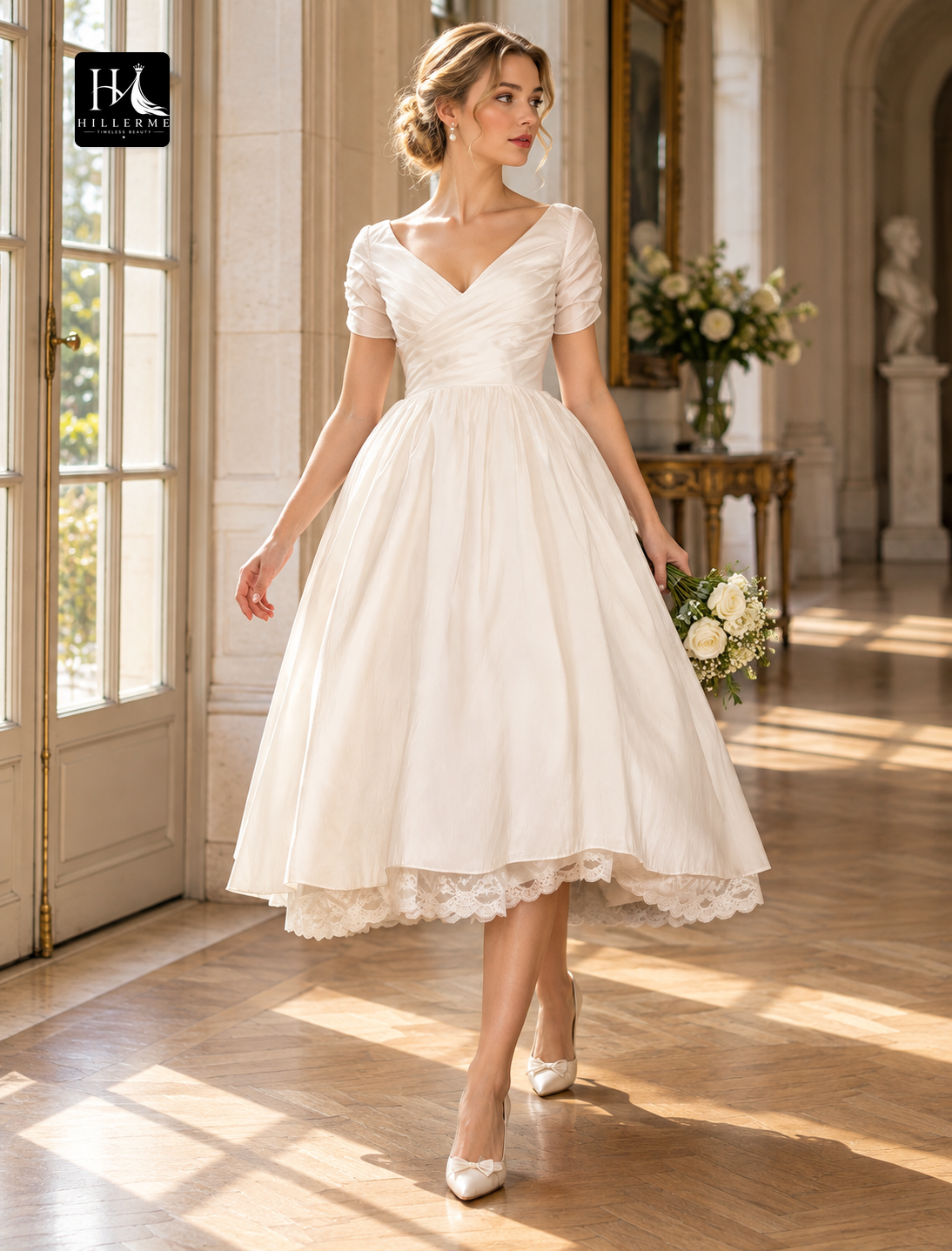 Vintage 1940s / 1950s Tea-Length A-Line Satin Wedding Dress with V-Neck and Lace Criss Cross