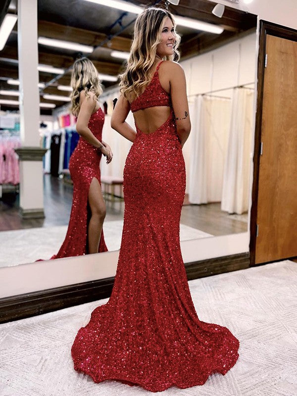 Sleeveless one-shoulder sheath prom dress featuring a court train