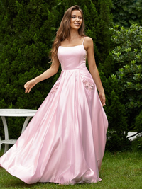 Sleeveless floor-length satin applique prom dress with spaghetti straps
