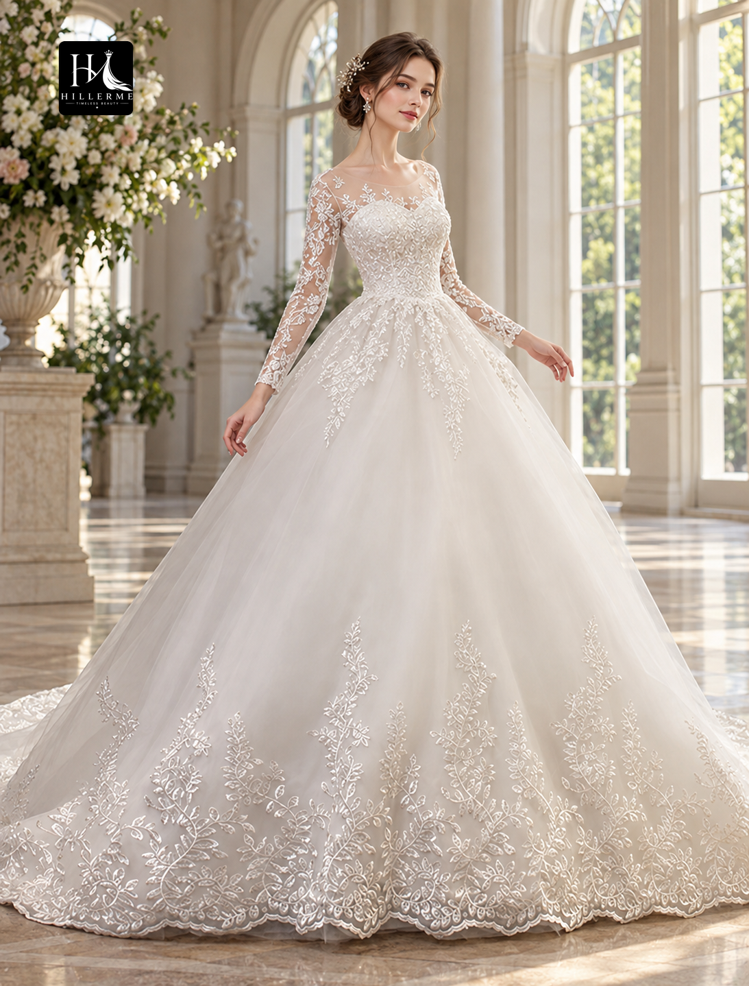 Lace Appliques Illusion Neck Long Sleeve Ball Gown Wedding Dress with Cathedral Train