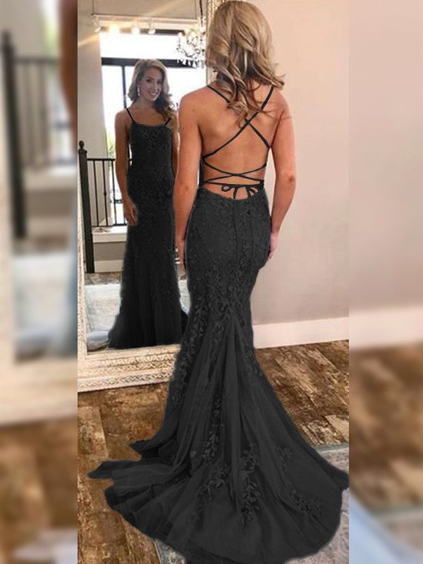 Black off-the-shoulder sleeveless trumpet/mermaid lace tulle dress with sweep train