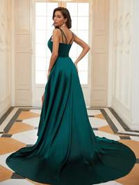 Sleeveless A-line prom dress featuring elastic woven satin and ruffle accents