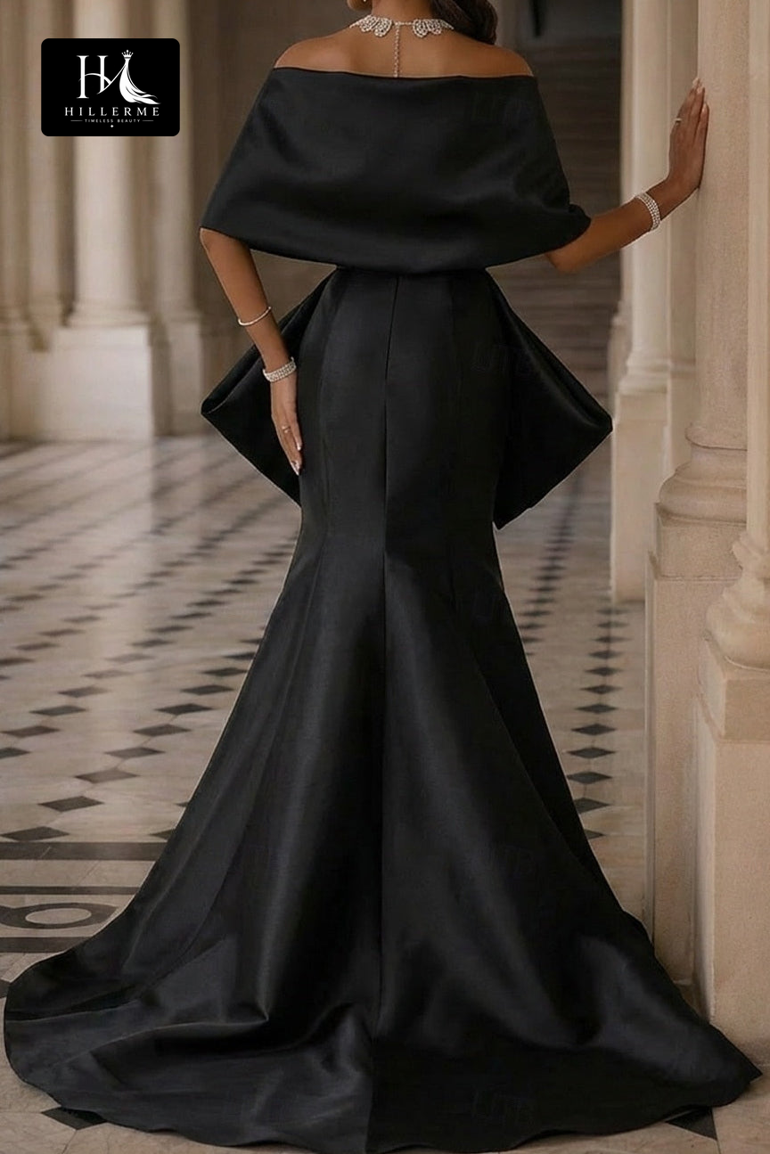 Draped Bow Mermaid Evening Gown with Off-the-Shoulder Wrap