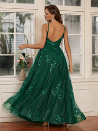 Sleeveless V-neck lace applique floor-length A-line prom dress