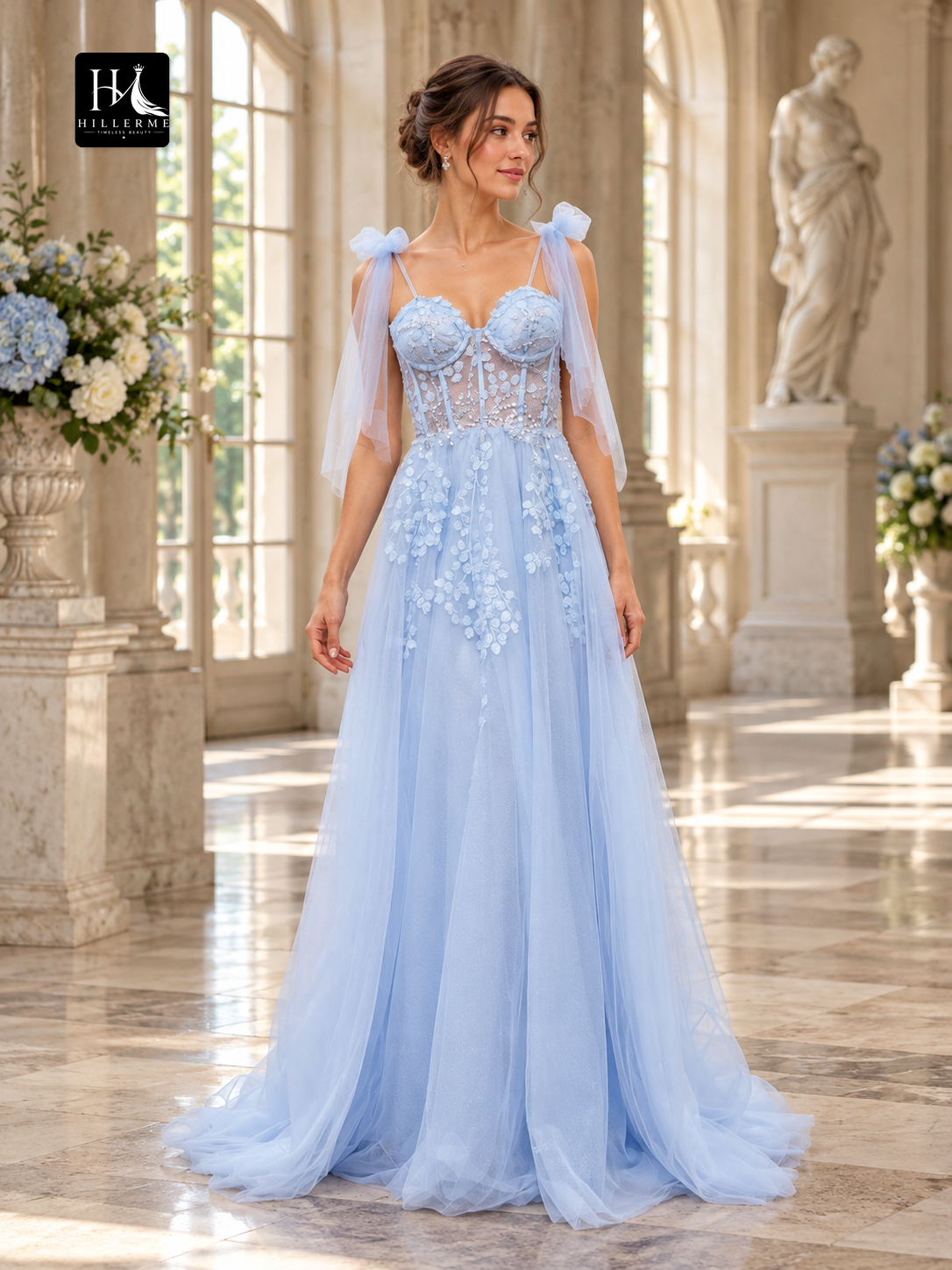A-Line Tulle Sleeveless Prom Dress with Straps, Appliques, and Sweep Train