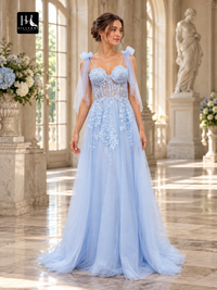 A-Line Tulle Sleeveless Prom Dress with Straps, Appliques, and Sweep Train