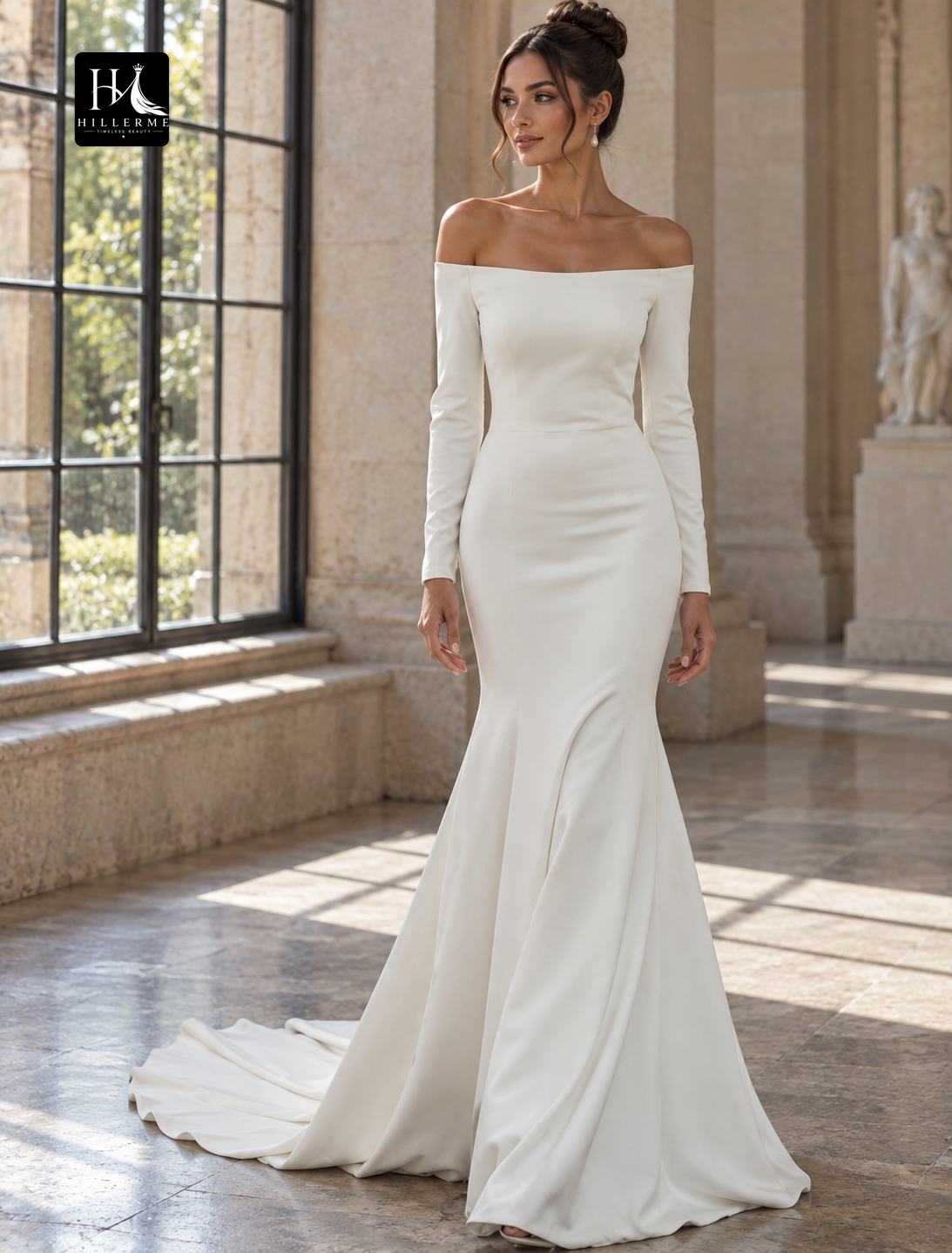 Simple Off-Shoulder Long Sleeve Mermaid Wedding Dress with Court Train