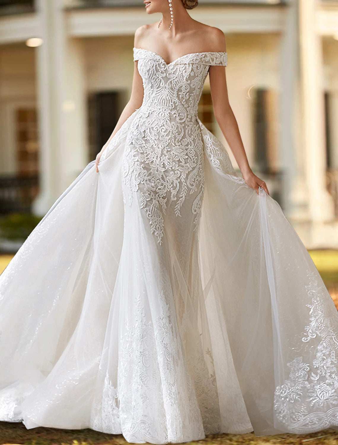 Two-piece off-the-shoulder satin wedding dress with cap sleeves, beading appliques, and court train in ivory